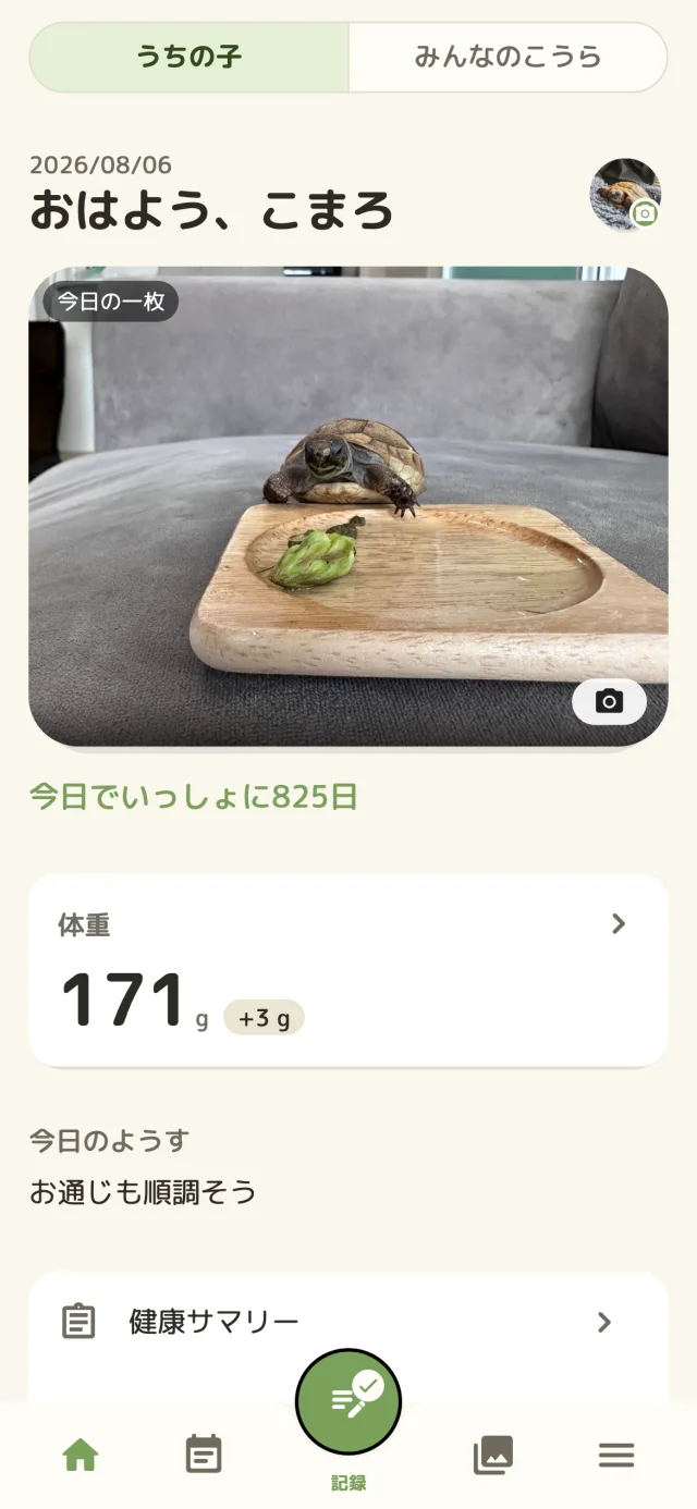 こうら日記のホーム画面。今日の記録と最近の様子が並ぶ